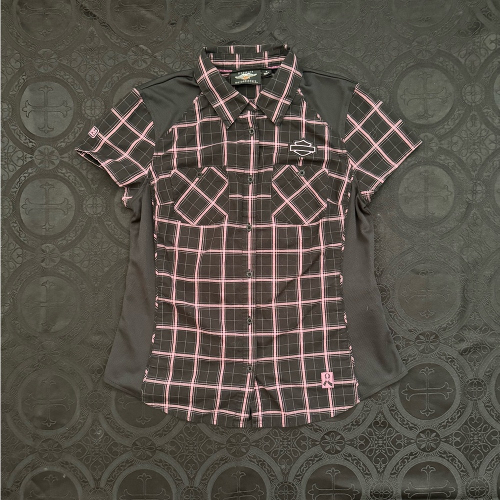 harley davidson pink and black plaid button up
